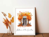 Autumn At The "Surname" or “House Number” Watercolour Leaves Front Door 2023 Seasonal Wall Home Decor Print