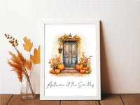 Autumn At The "Surname" Or “House Number” Watercolour Pumpkins Front Door 2023 Seasonal Wall Home Decor Print