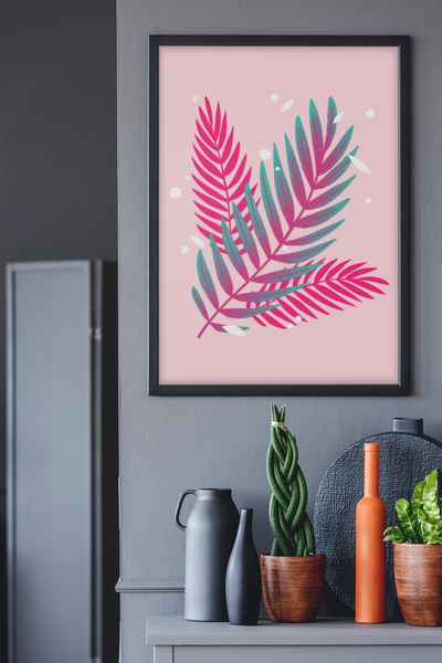 Bright Pink Palm Leaves Minimalist Illustration Home Wall Decor Print