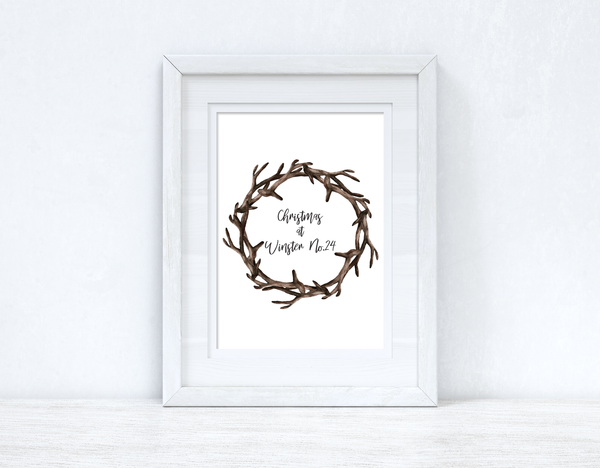 Personalised Custom Wording Christmas At Antler Wreath Christmas Seasonal Wall Home Decor Print