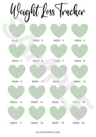 Personalised Weight Loss Tracker Sage Green Heart 20 Week Countdown A4 Weight Loss Diet Slimming Chart Tracker Print