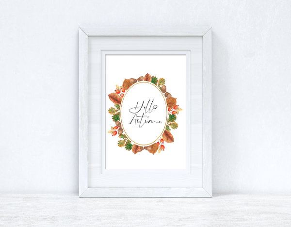 Hello Autumn Leaf Wreath Autumn Seasonal Wall Home Decor Print