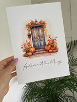 Autumn At The "Surname" Or “House Number” Watercolour Pumpkins Front Door 2023 Seasonal Wall Home Decor Print