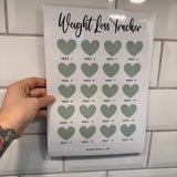 Personalised Weight Loss Tracker Sage Green Heart 20 Week Countdown A4 Weight Loss Diet Slimming Chart Tracker Print