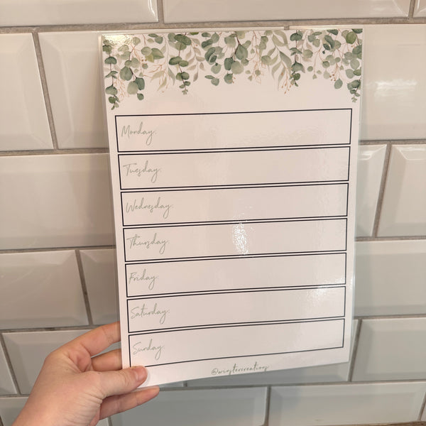 Custom Laminated A4 Mon-Friday Meal Organiser Planner Menu - Eucalyptus + Magnetic Dry-Wipe Pen