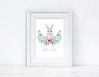 Personalised Pink Wording Floral Bunny Easter Spring Seasonal Wall Home Decor Print