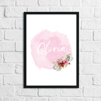 Personalised Pink Watercolour Name Floral Children's Room Wall Decor Print