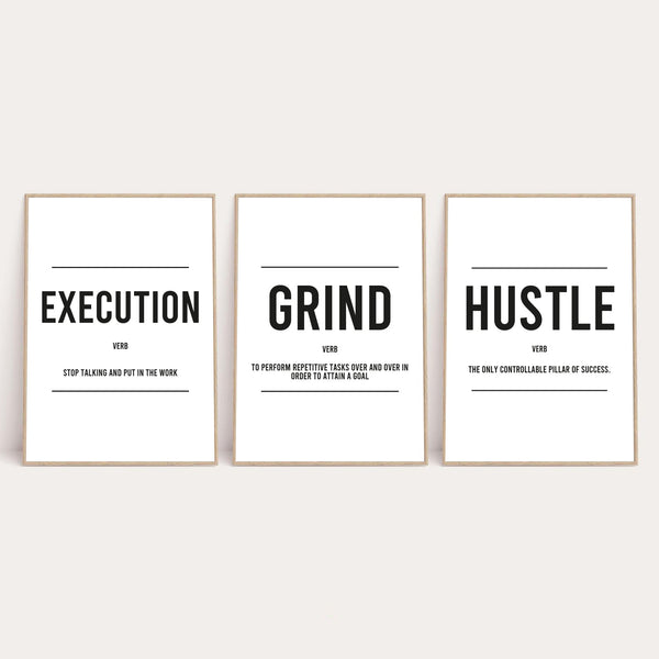 Grind Hustle Execution Inspirational Wall Decor Quote Print Set Of 3