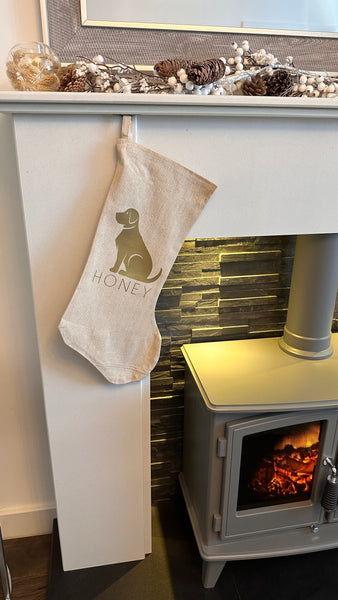 Personalised Dog Breed Name Natural Hessian Christmas Stocking