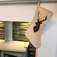 Personalised Name Reindeer Stag Head Natural Hessian Christmas Stocking